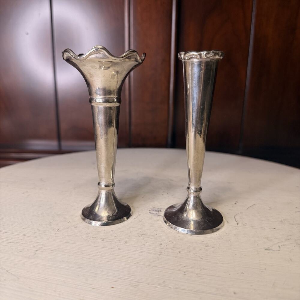 Antique Mini Silverplate Trumpet Bud Vases 4” Set Of 2